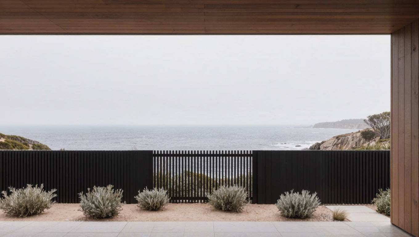 Matte black aluminum fence running along a Malibu coastal property