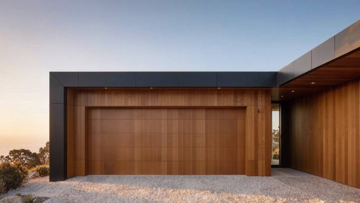 Wood-look aluminum garage door in a gravel courtyard