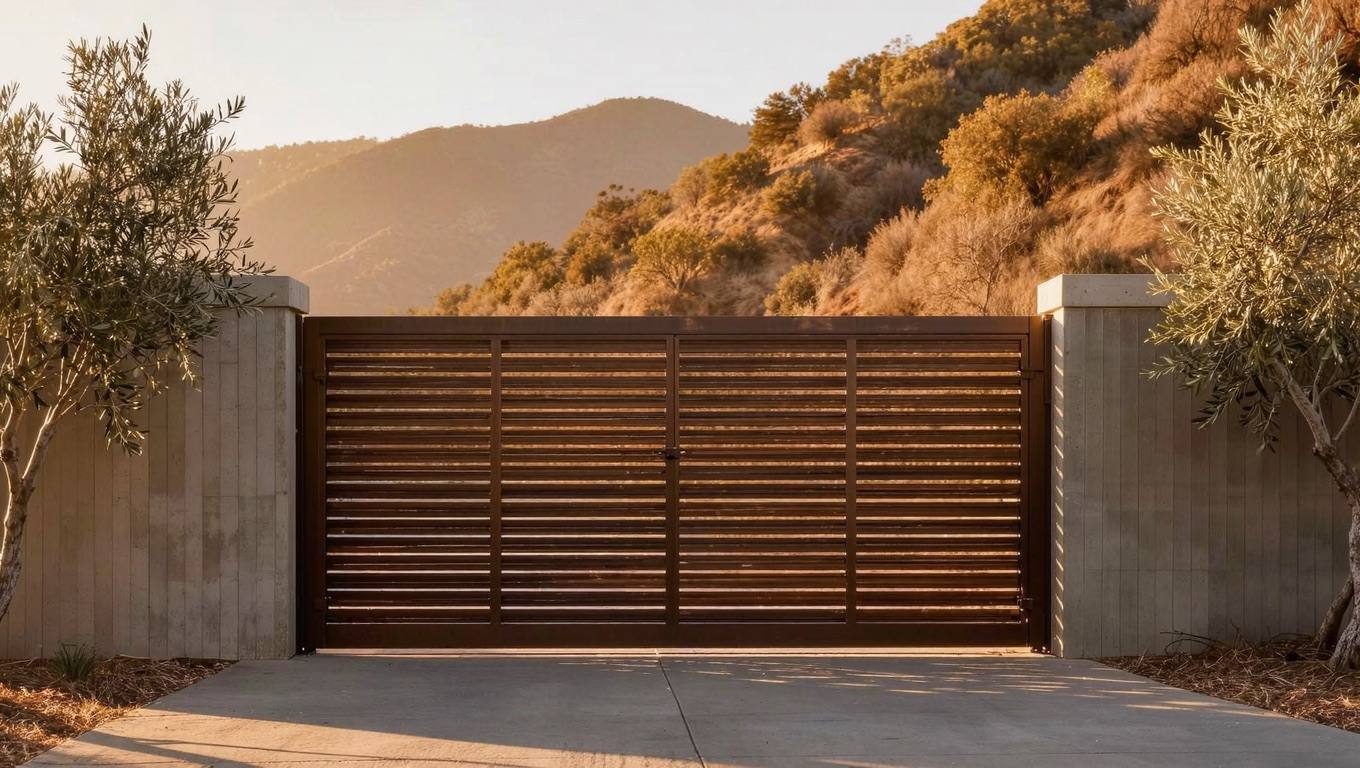 Contemporary aluminum driveway gate on a Malibu canyon road