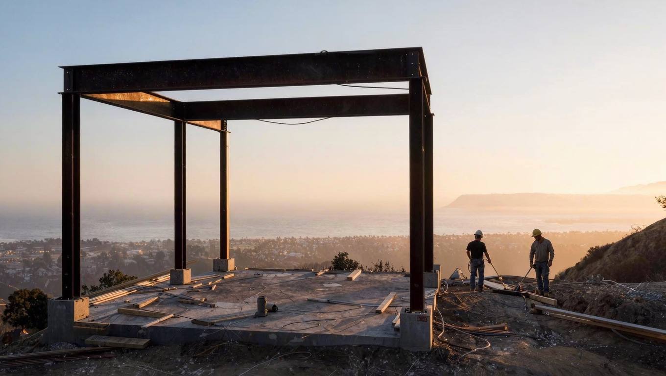 Steel framing going up on a Malibu hillside rebuild with the ocean beyond